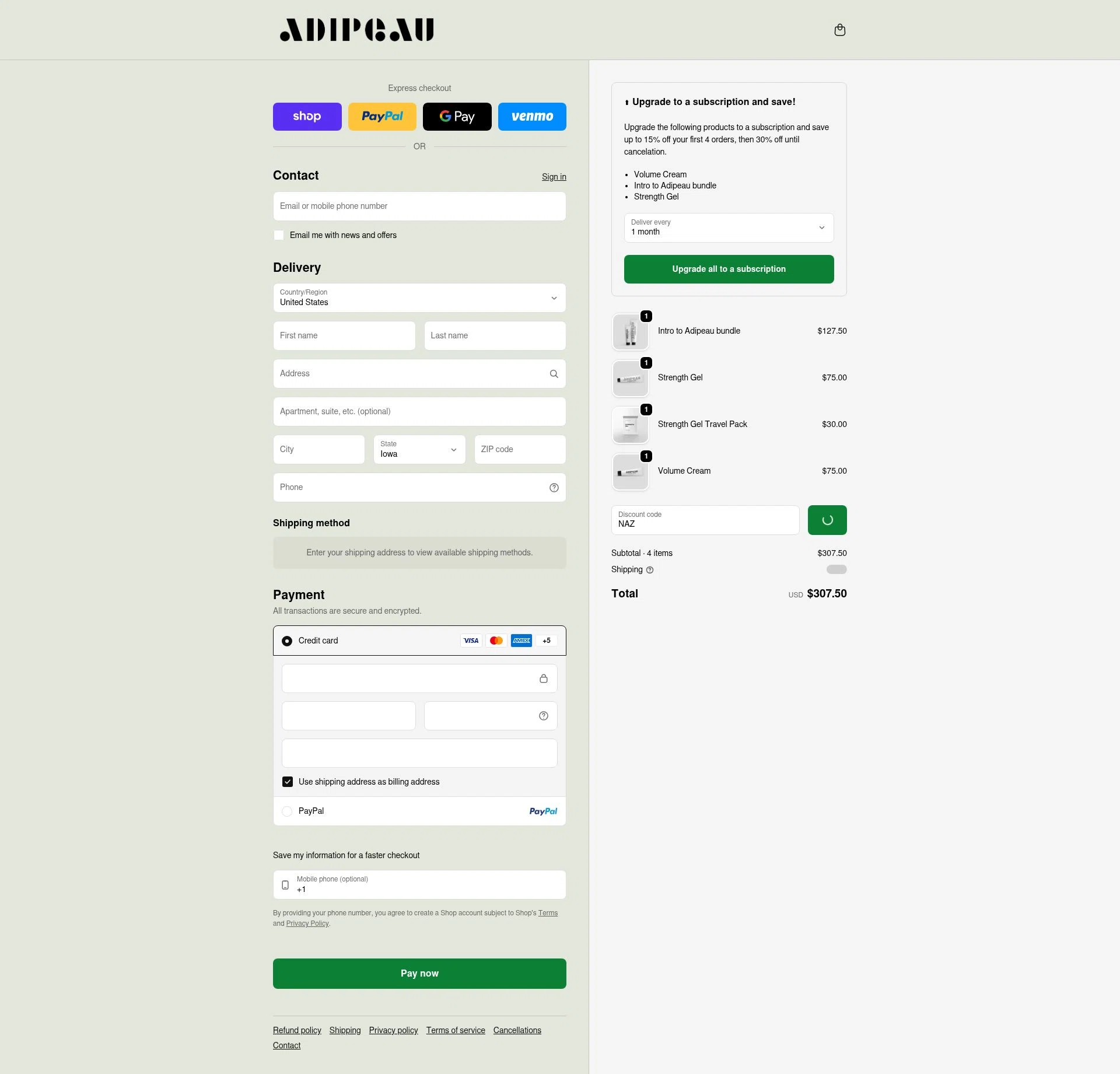 Adipeau checkout page showing Adipeau discount code box | Screenshot taken by SimplyCodes community member on Feb 15, 2026