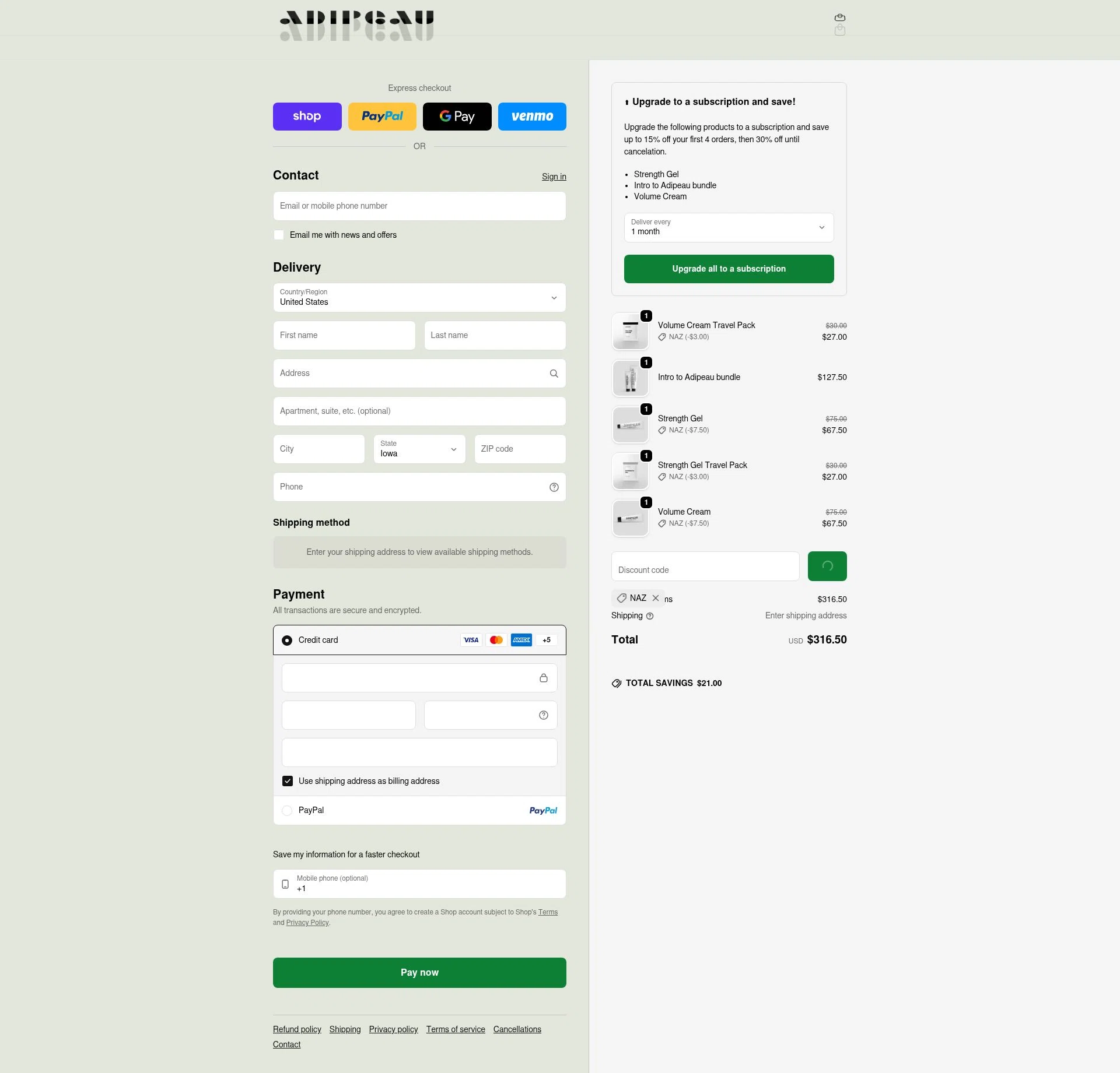 Adipeau checkout page showing Adipeau discount code box | Screenshot taken by SimplyCodes community member on Feb 19, 2026