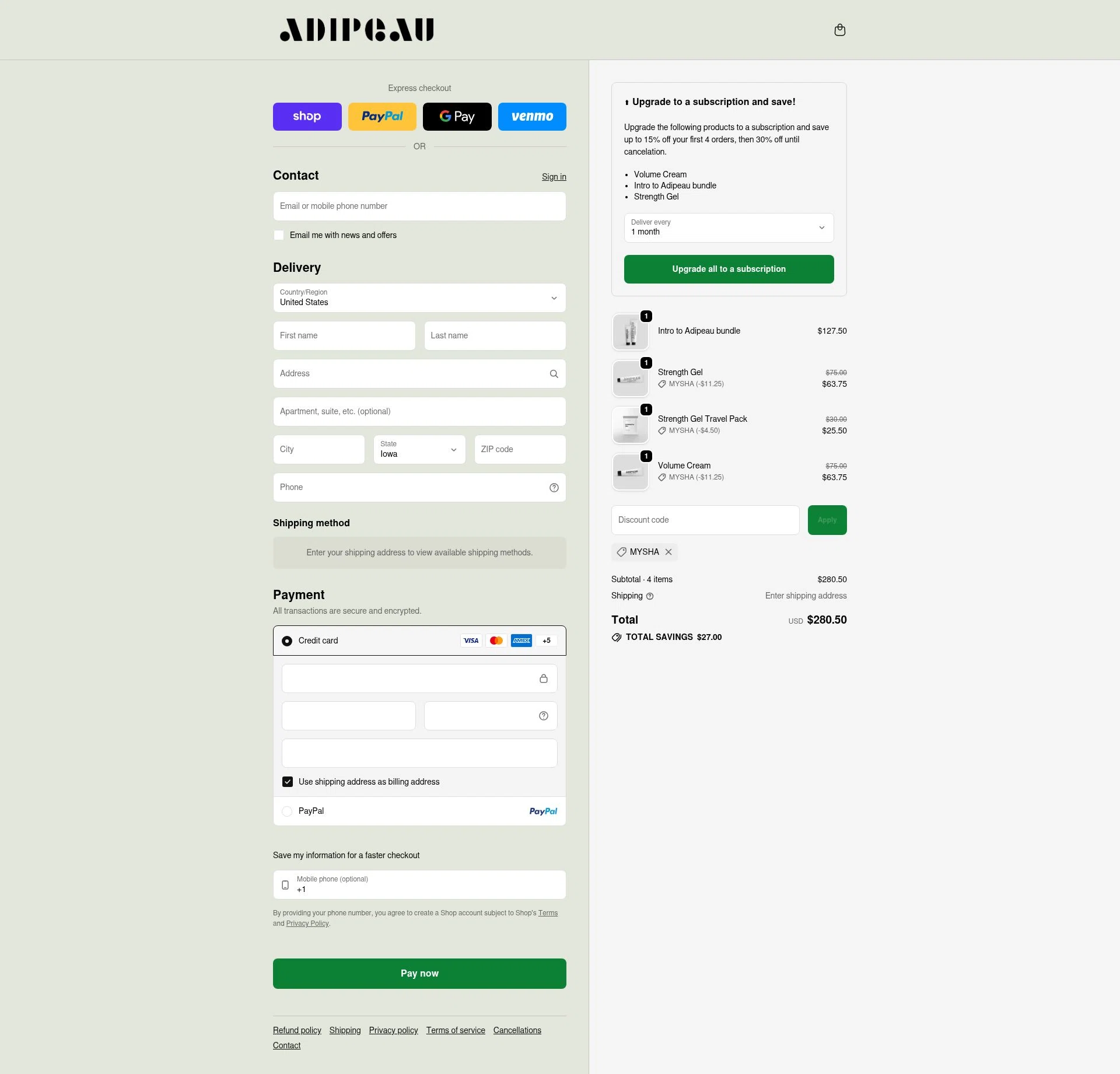 Adipeau checkout page showing Adipeau discount code box | Screenshot taken by SimplyCodes community member on Feb 15, 2026