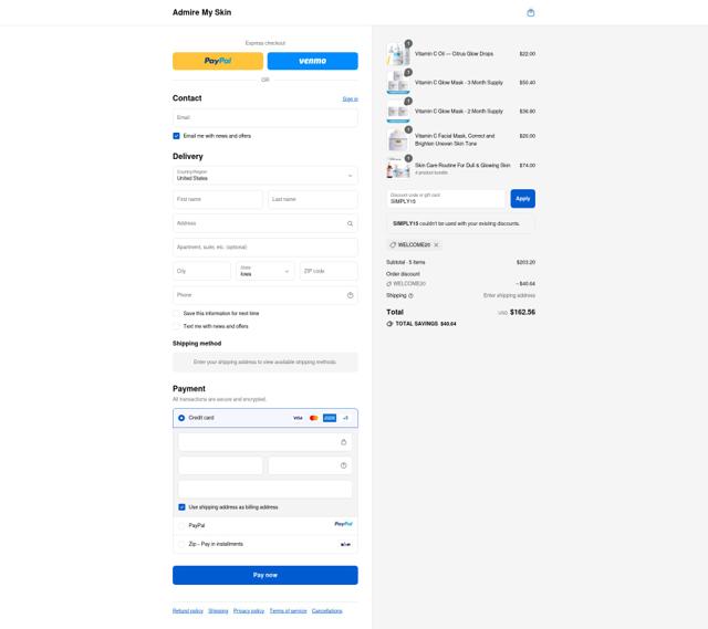 Admire My Skin checkout page showing Admire My Skin promo code box | Screenshot taken by SimplyCodes community member on Sep 10, 2025