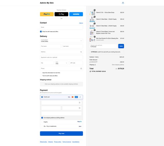 Admire My Skin checkout page showing Admire My Skin promo code box | Screenshot taken by SimplyCodes community member on Sep 14, 2025