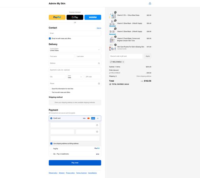 Admire My Skin checkout page showing Admire My Skin promo code box | Screenshot taken by SimplyCodes community member on Sep 14, 2025