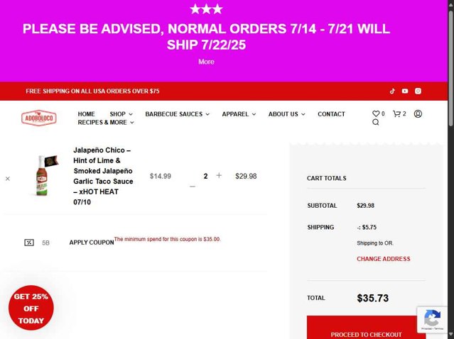 Adoboloco checkout page showing Adoboloco coupon code box | Screenshot taken by SimplyCodes community member on Jul 20, 2025