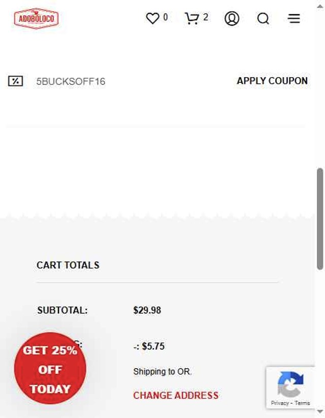 Adoboloco checkout page showing Adoboloco coupon code box | Screenshot taken by SimplyCodes community member on Jul 20, 2025