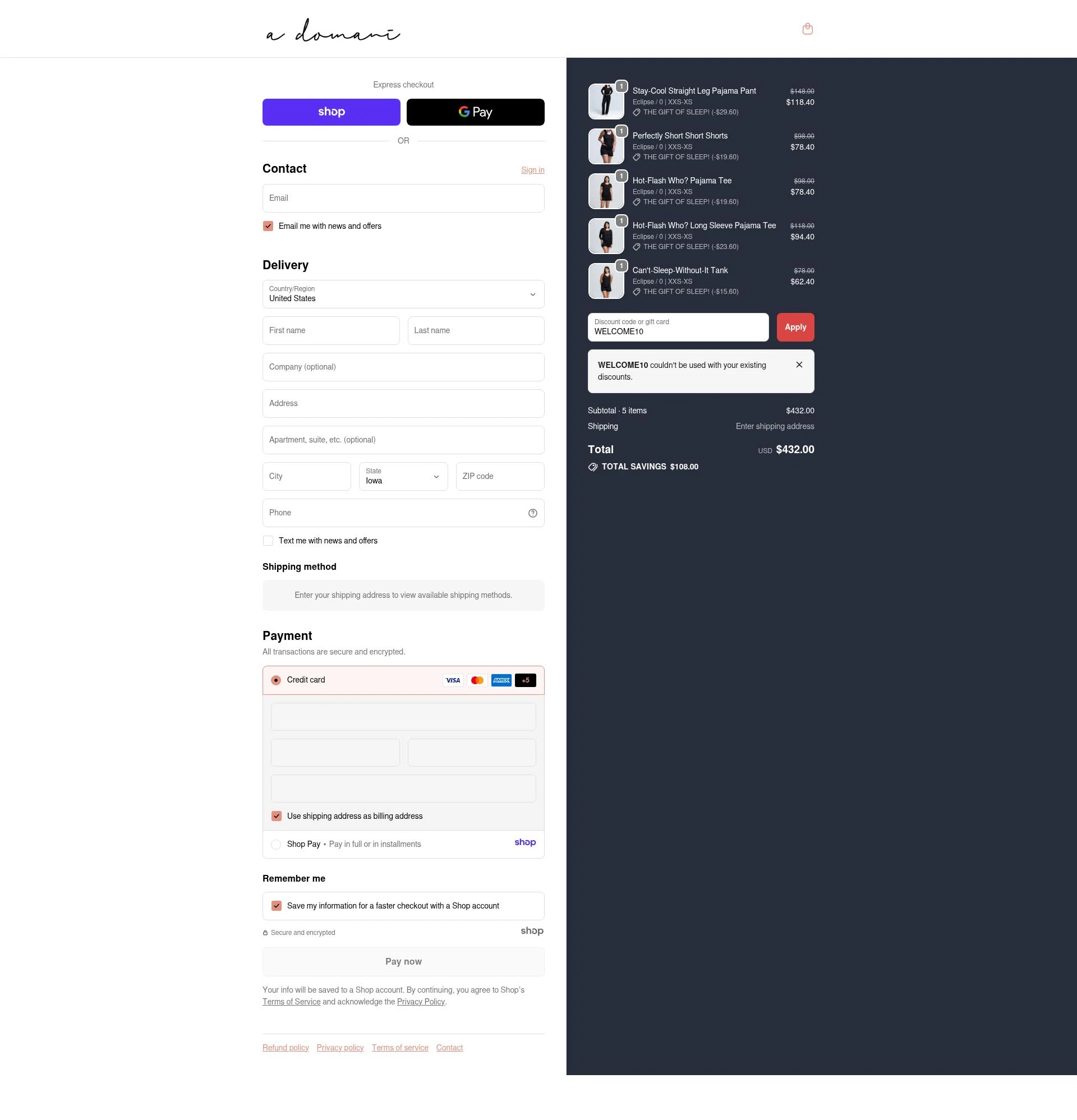 A DOMANI checkout page showing A DOMANI promo code box | Screenshot taken by SimplyCodes community member on Nov 22, 2025