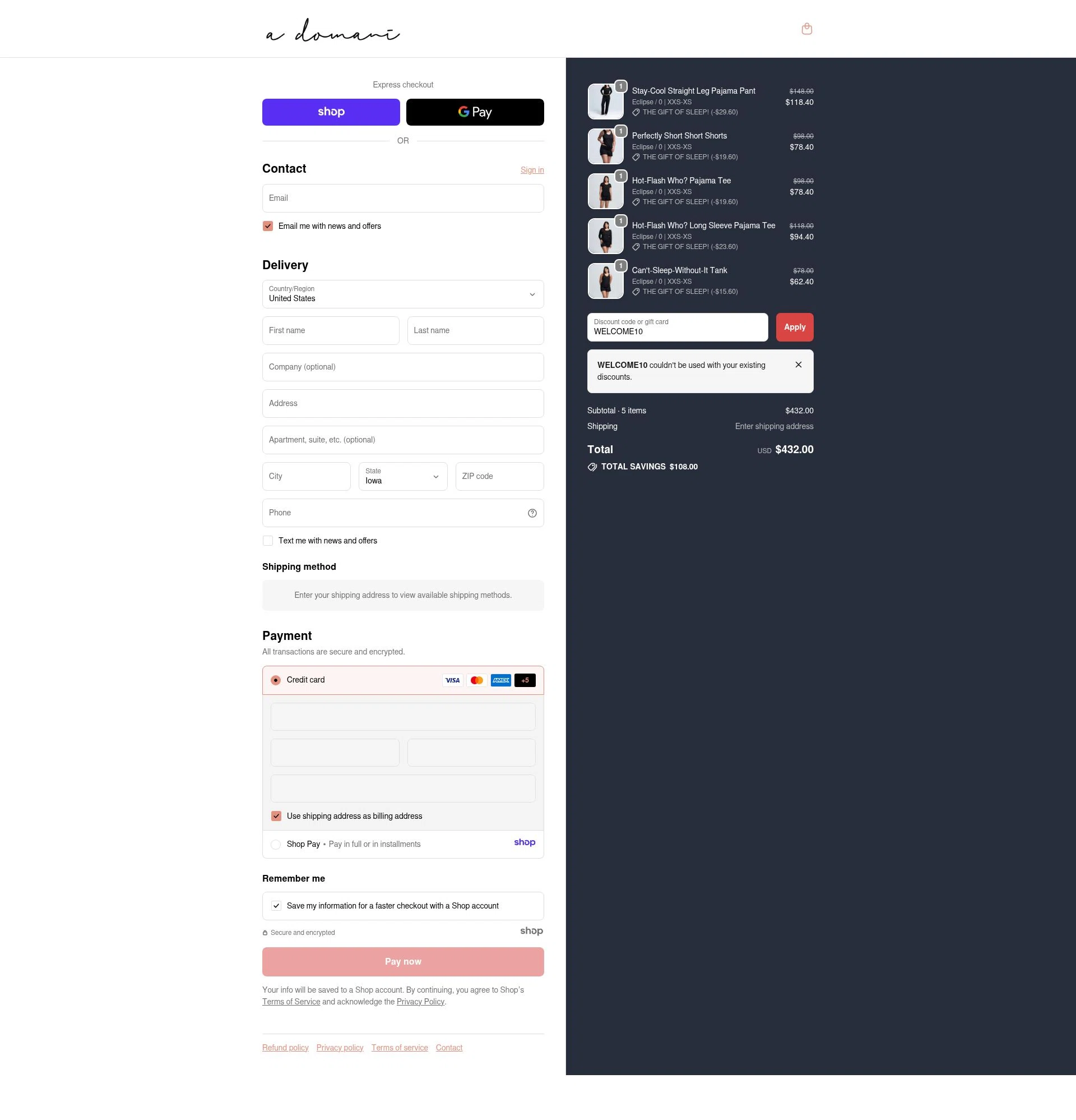 A DOMANI checkout page showing A DOMANI promo code box | Screenshot taken by SimplyCodes community member on Dec 8, 2025