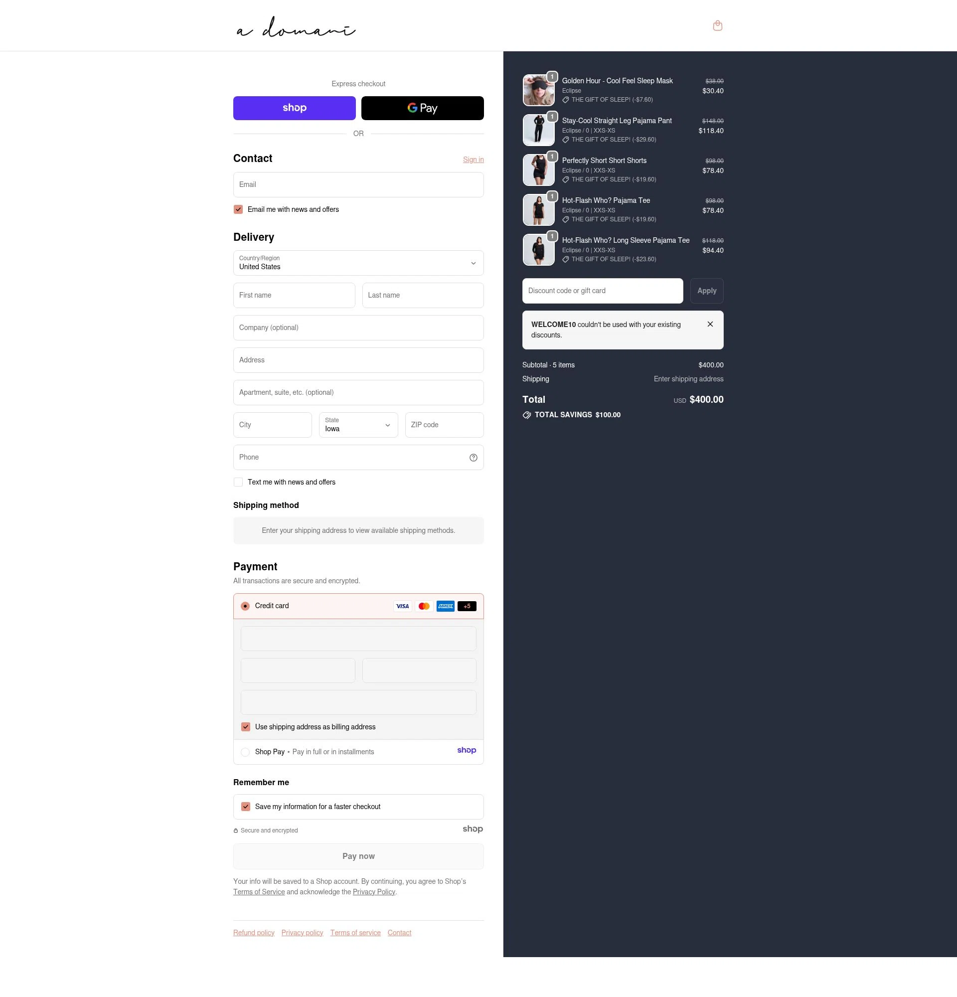 A DOMANI checkout page showing A DOMANI promo code box | Screenshot taken by SimplyCodes community member on Dec 26, 2025