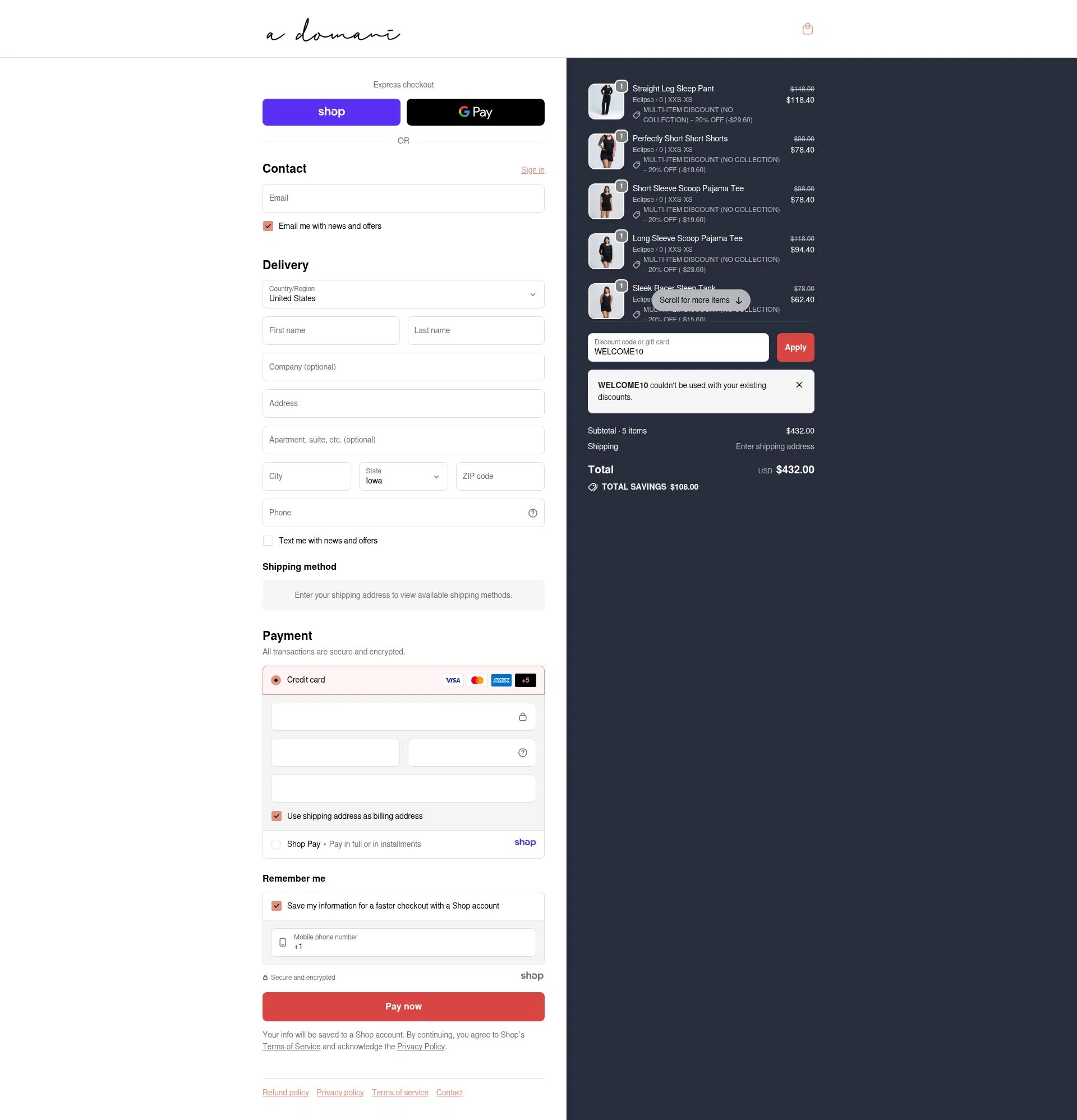 A DOMANI checkout page showing A DOMANI promo code box | Screenshot taken by SimplyCodes community member on Nov 17, 2025