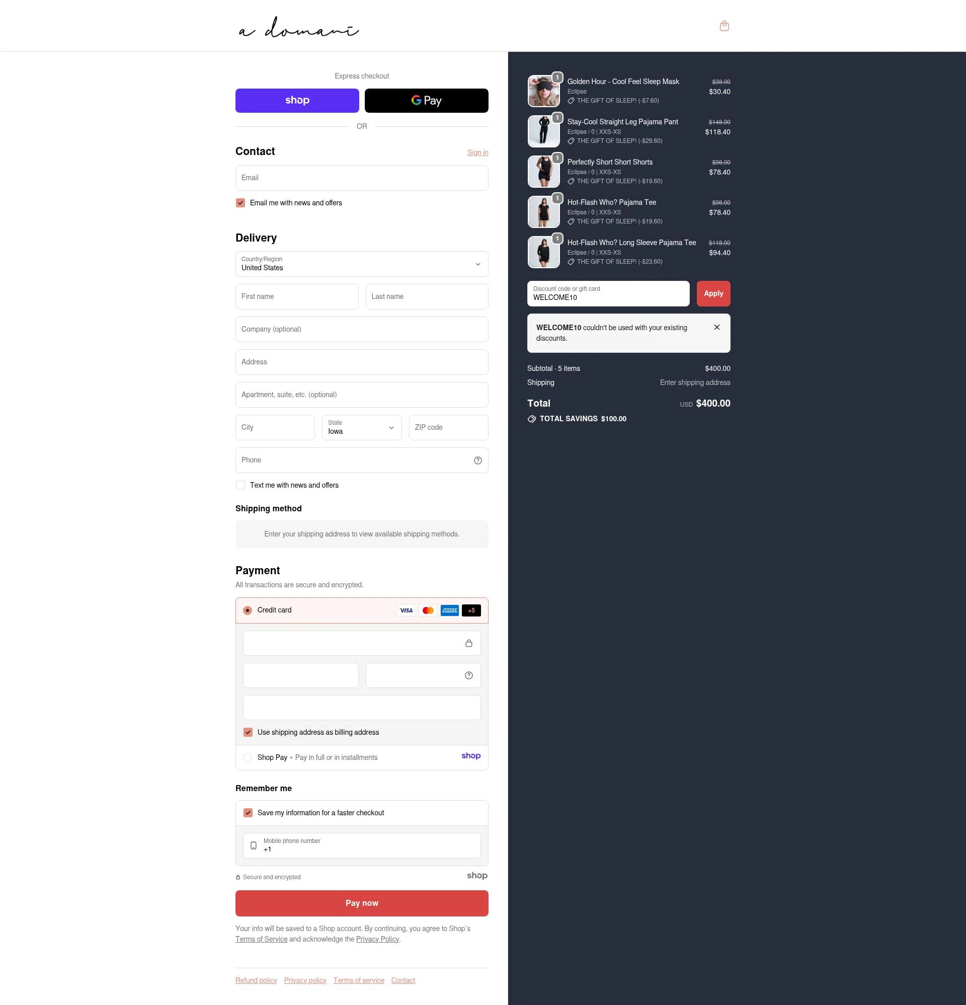 A DOMANI checkout page showing A DOMANI promo code box | Screenshot taken by SimplyCodes community member on Dec 13, 2025