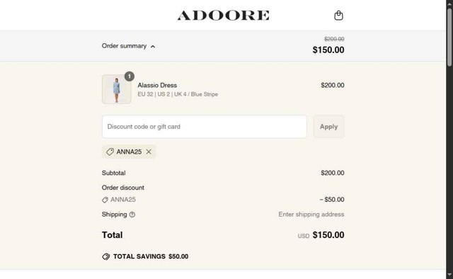 Adoore checkout page showing Adoore discount code box | Screenshot taken by SimplyCodes community member on May 17, 2025
