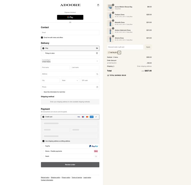 Adoore checkout page showing Adoore discount code box | Screenshot taken by SimplyCodes community member on Feb 28, 2025
