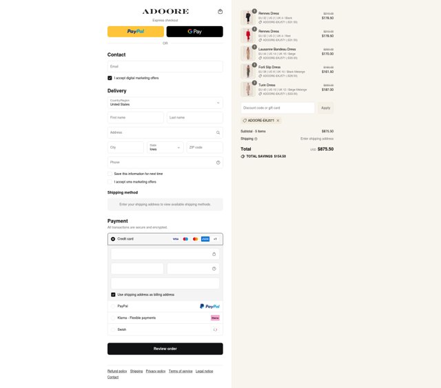 Adoore checkout page showing Adoore discount code box | Screenshot taken by SimplyCodes community member on Aug 9, 2025