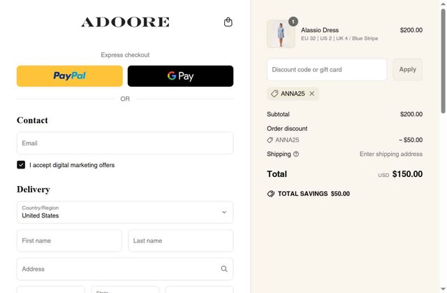 Adoore checkout page showing Adoore discount code box | Screenshot taken by SimplyCodes community member on May 17, 2025