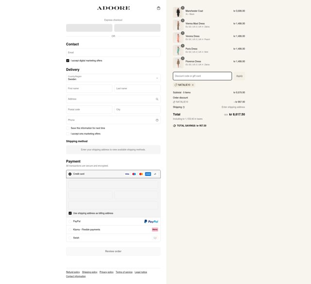 Adoore checkout page showing Adoore discount code box | Screenshot taken by SimplyCodes community member on Apr 9, 2025