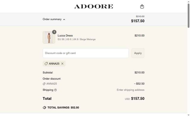 Adoore checkout page showing Adoore discount code box | Screenshot taken by SimplyCodes community member on May 17, 2025