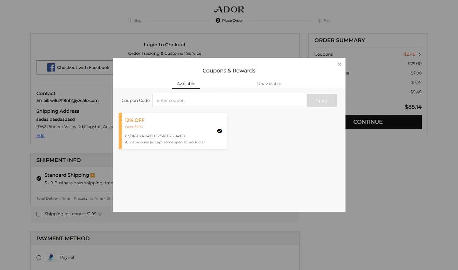 Ador checkout page showing Ador coupon code box | Screenshot taken by SimplyCodes community member on Feb 12, 2026