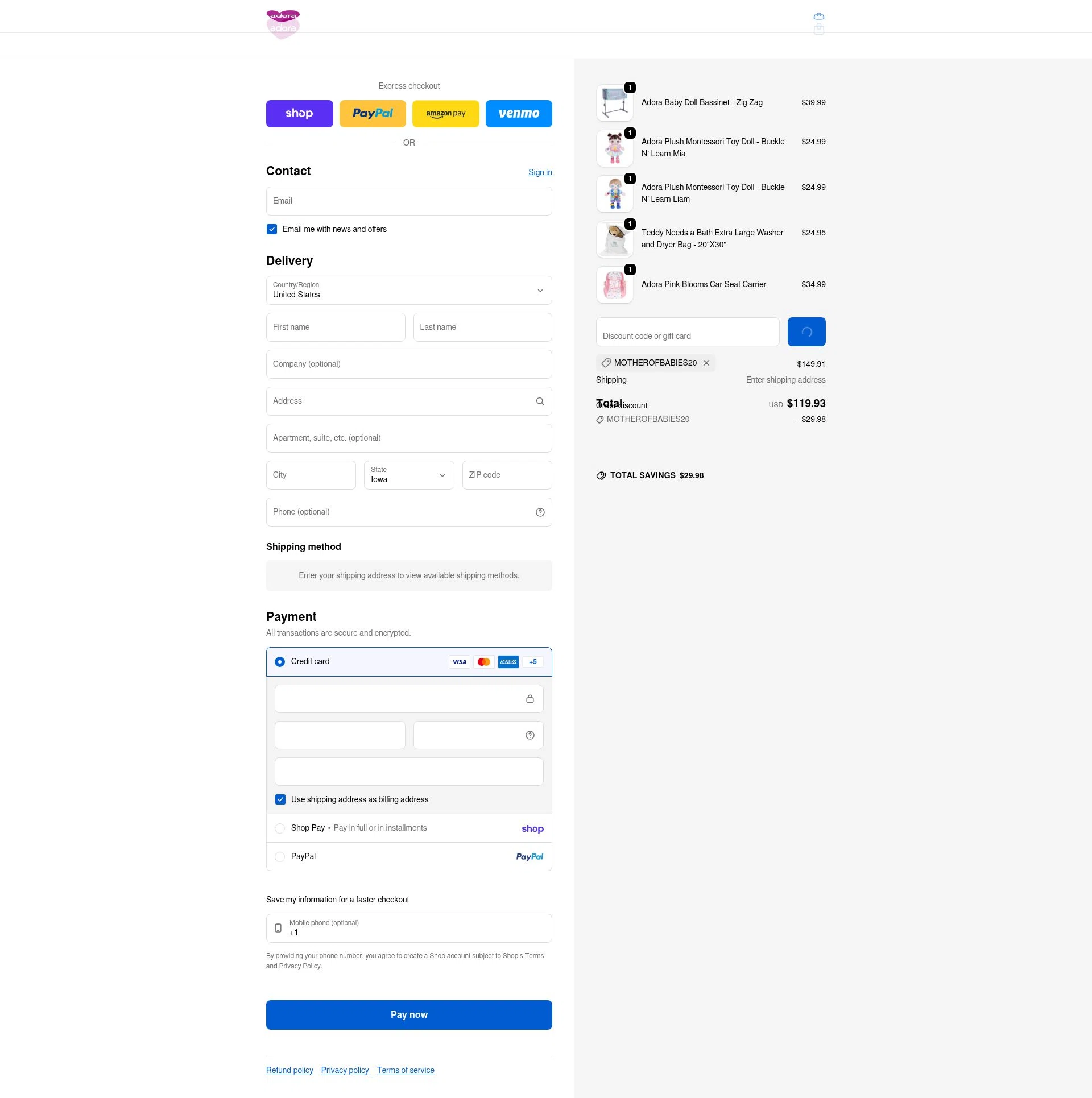 Adora checkout page showing Adora promo code box | Screenshot taken by SimplyCodes community member on Feb 7, 2026