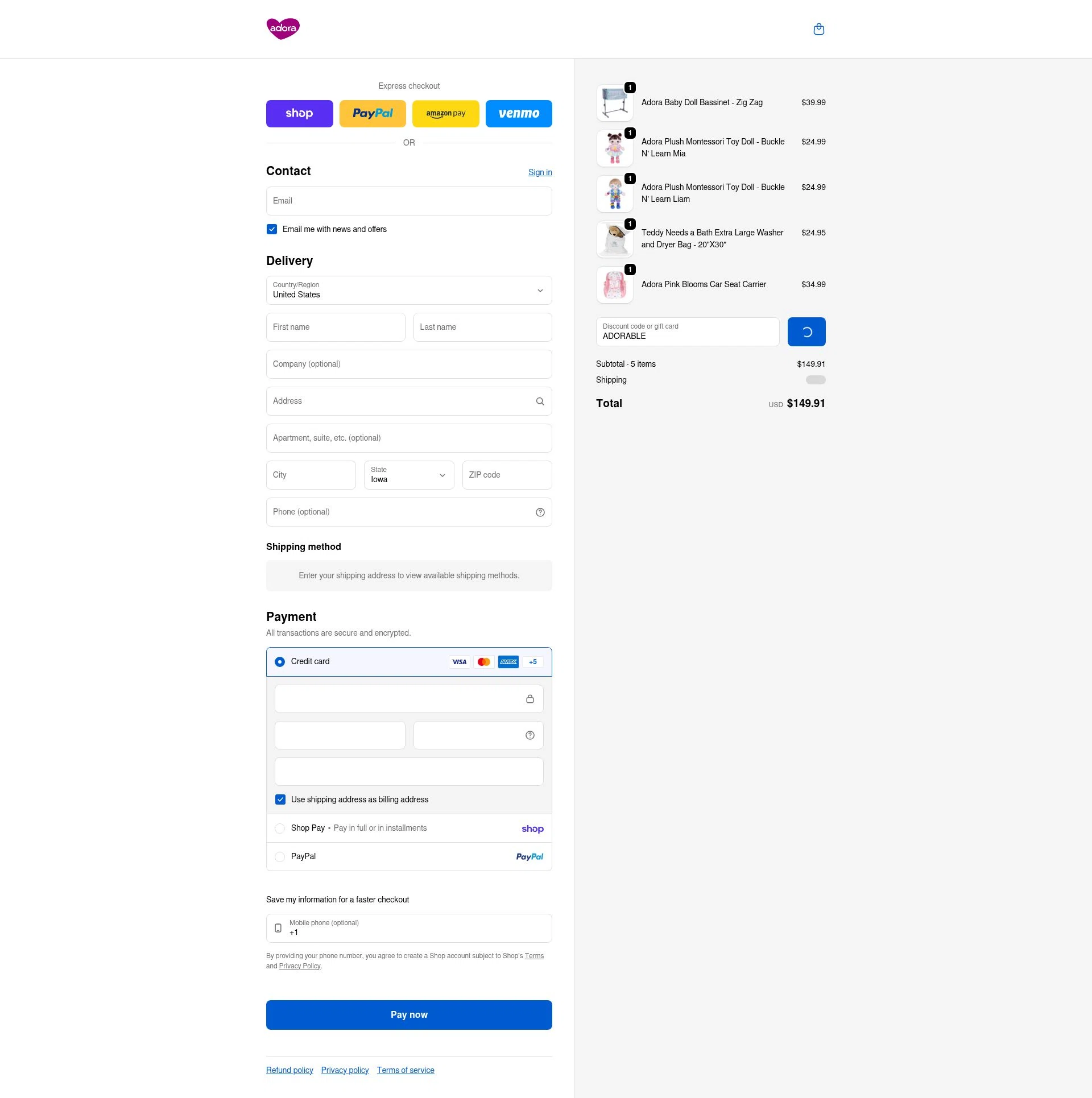 Adora checkout page showing Adora promo code box | Screenshot taken by SimplyCodes community member on Feb 7, 2026