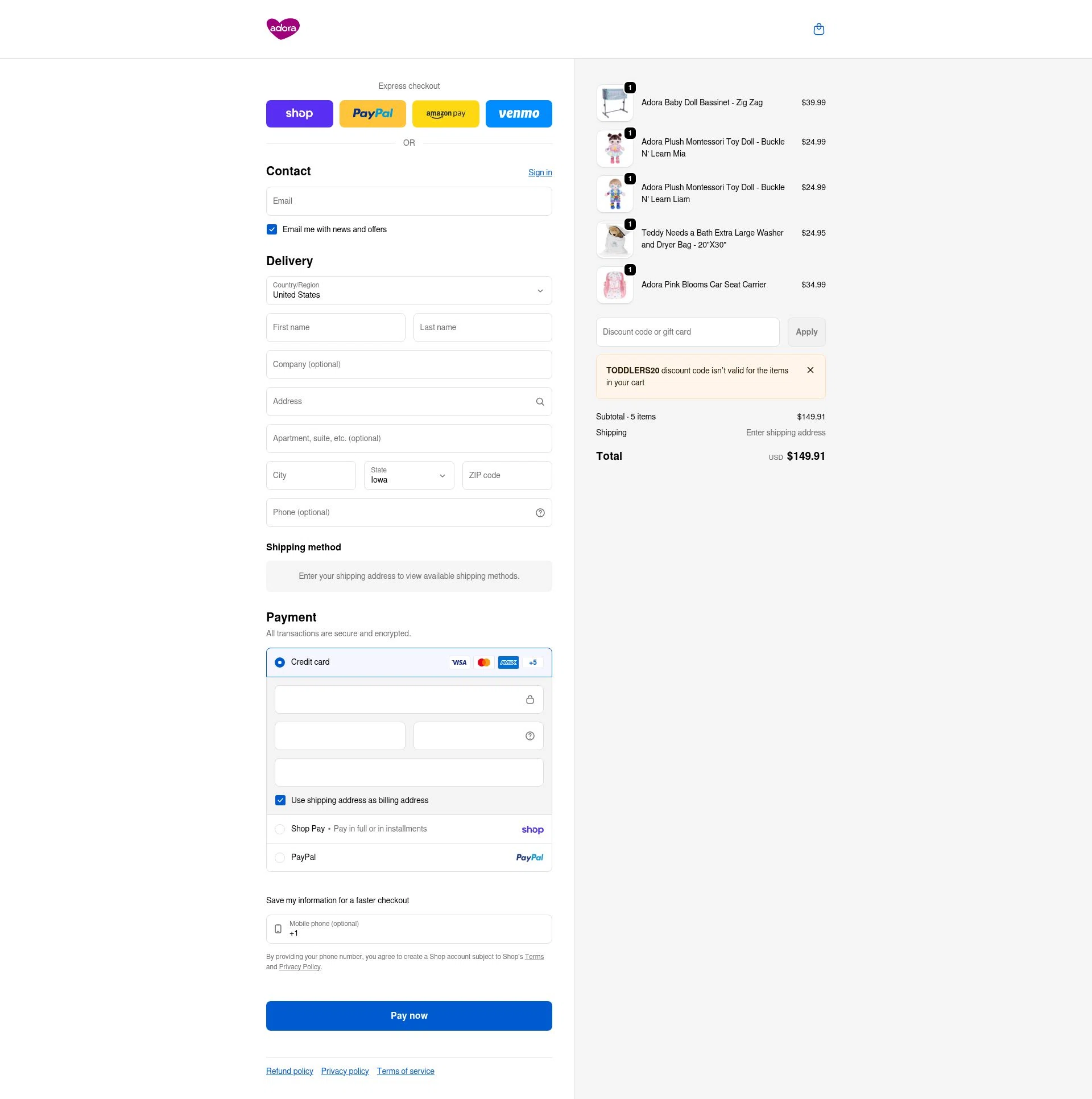 Adora checkout page showing Adora promo code box | Screenshot taken by SimplyCodes community member on Feb 7, 2026