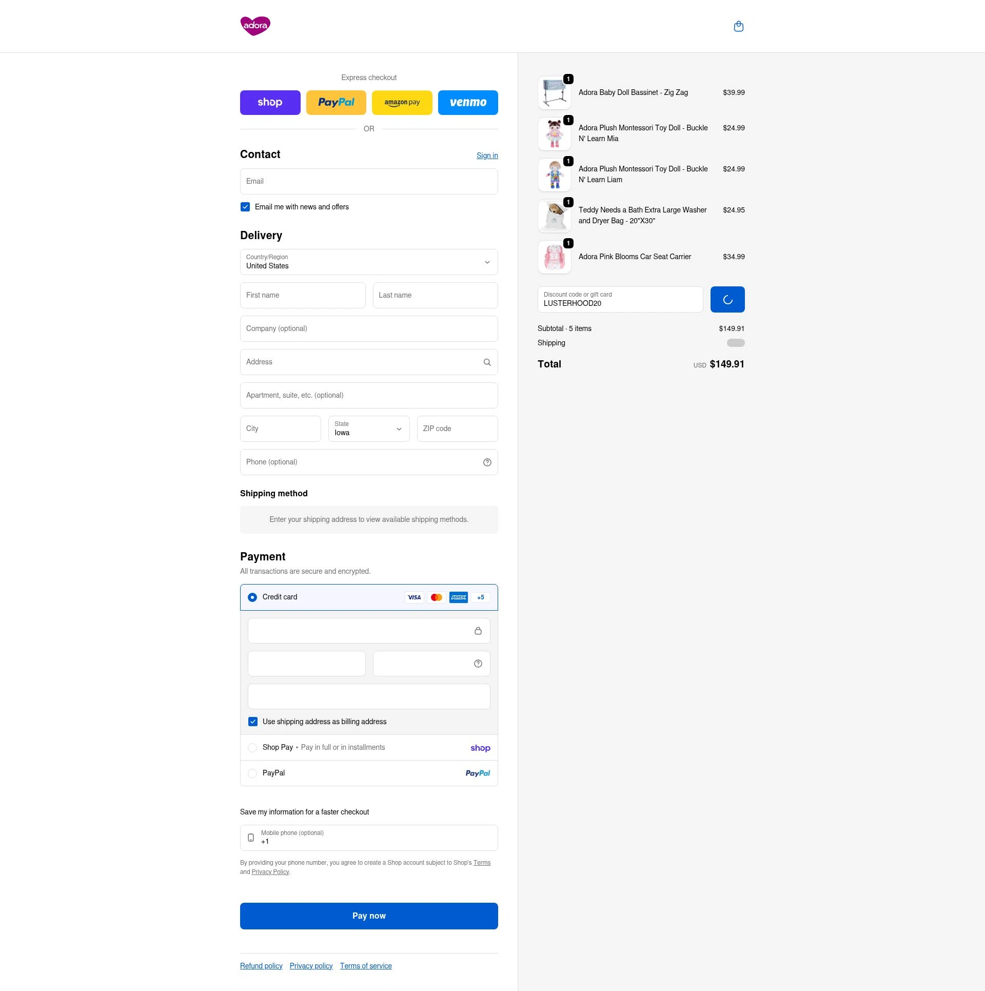 Adora checkout page showing Adora promo code box | Screenshot taken by SimplyCodes community member on Feb 7, 2026