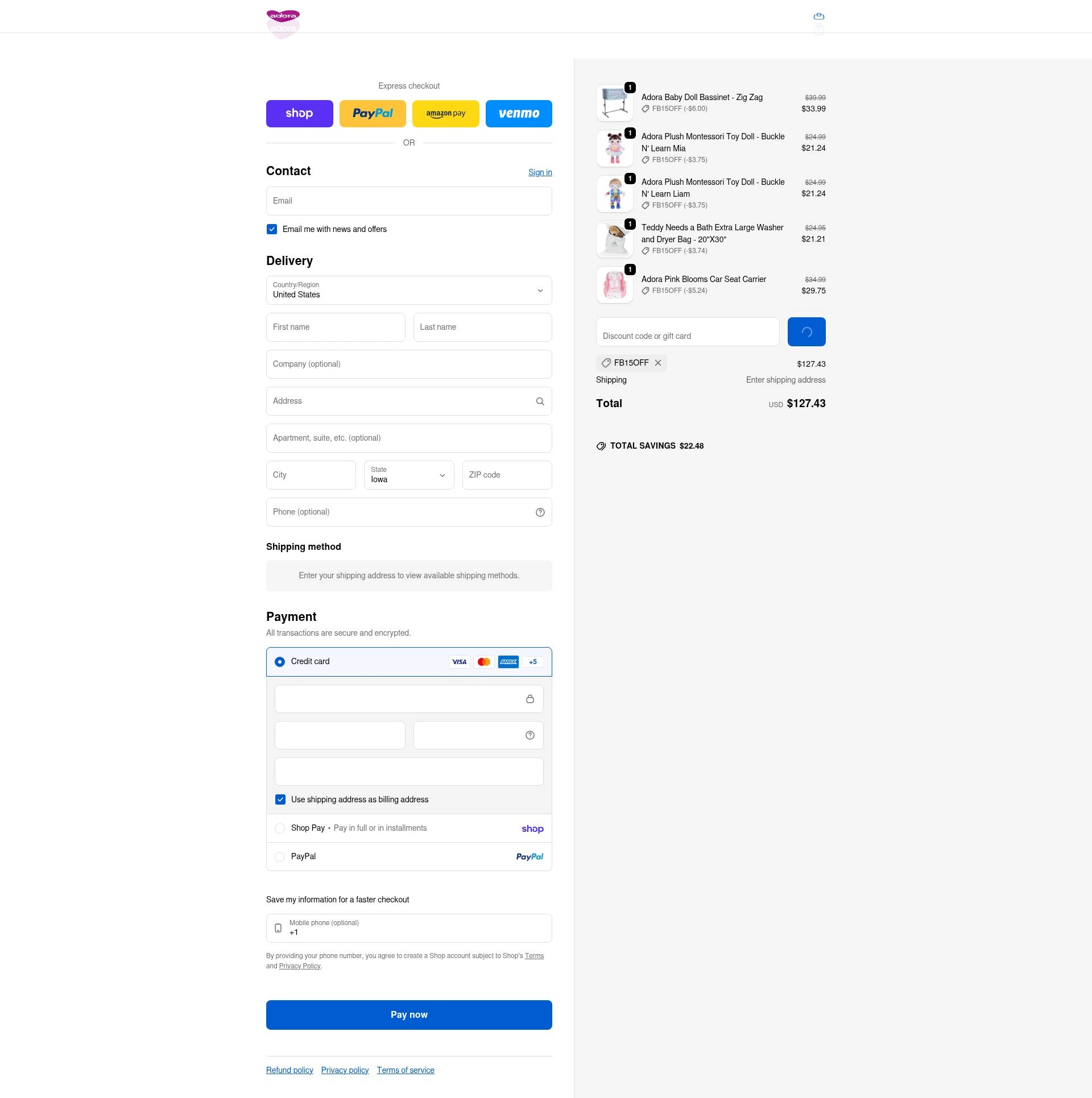 Adora checkout page showing Adora promo code box | Screenshot taken by SimplyCodes community member on Feb 7, 2026