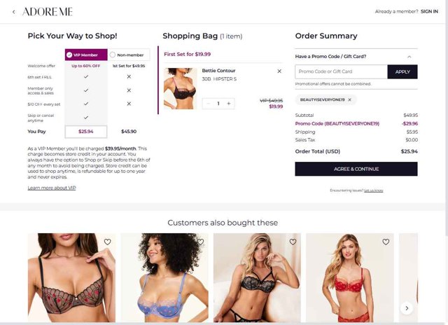 Adore Me checkout page showing Adore Me promo code box | Screenshot taken by SimplyCodes community member on Aug 27, 2025