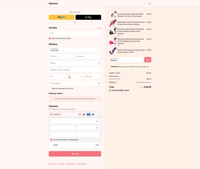 Adorime checkout page showing Adorime discount code box | Screenshot taken by SimplyCodes community member on Sep 3, 2025