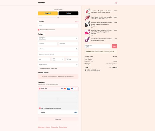 Adorime checkout page showing Adorime discount code box | Screenshot taken by SimplyCodes community member on Sep 3, 2025