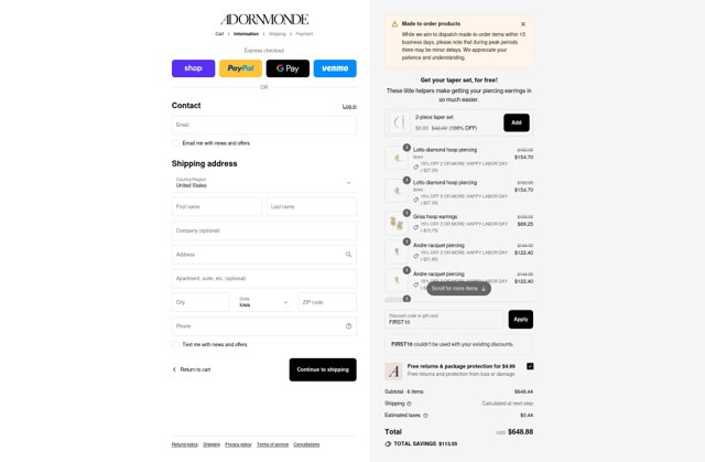 Adornmonde checkout page showing Adornmonde coupon code box | Screenshot taken by SimplyCodes community member on Aug 30, 2025
