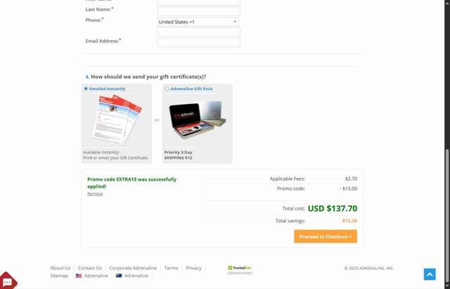 Adrenaline USA checkout page showing Adrenaline USA promo code box | Screenshot taken by SimplyCodes community member on Aug 24, 2025