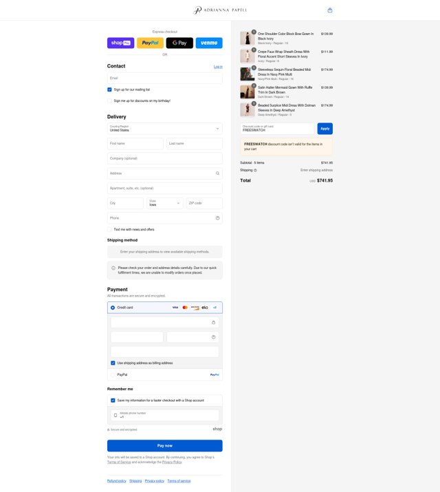 Adrianna Papell checkout page showing Adrianna Papell discount code box | Screenshot taken by SimplyCodes community member on Aug 24, 2025