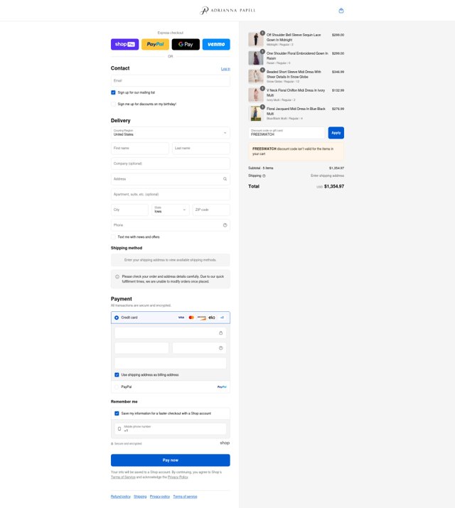 Adrianna Papell checkout page showing Adrianna Papell discount code box | Screenshot taken by SimplyCodes community member on Aug 20, 2025