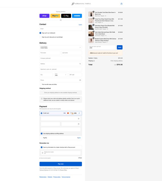 Adrianna Papell checkout page showing Adrianna Papell discount code box | Screenshot taken by SimplyCodes community member on Aug 28, 2025