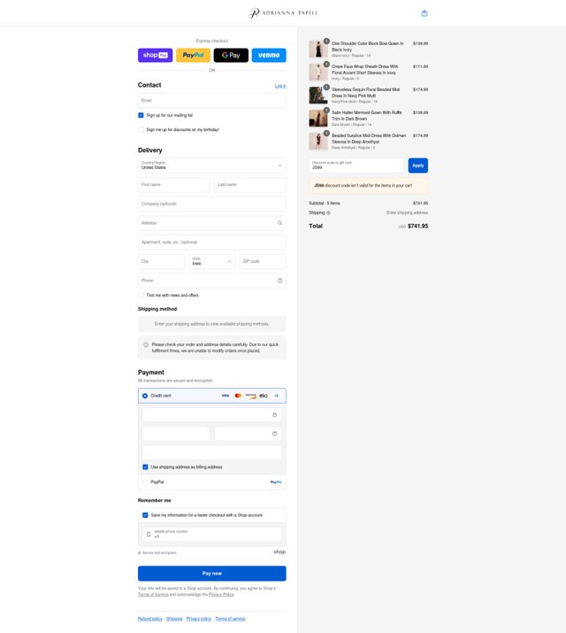 Adrianna Papell checkout page showing Adrianna Papell discount code box | Screenshot taken by SimplyCodes community member on Aug 24, 2025