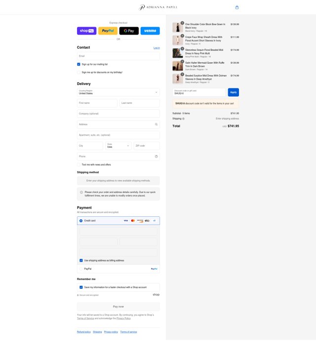 Adrianna Papell checkout page showing Adrianna Papell discount code box | Screenshot taken by SimplyCodes community member on Aug 24, 2025