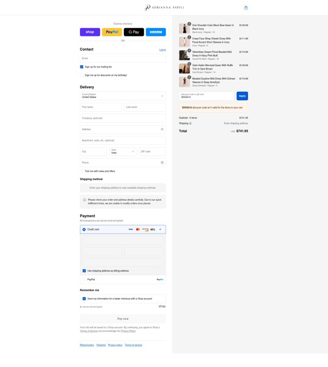 Adrianna Papell checkout page showing Adrianna Papell discount code box | Screenshot taken by SimplyCodes community member on Aug 28, 2025