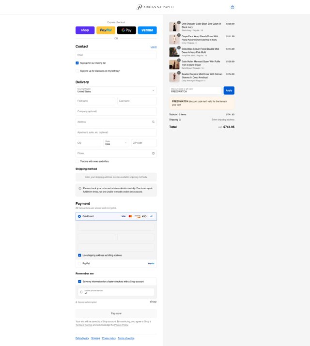 Adrianna Papell checkout page showing Adrianna Papell discount code box | Screenshot taken by SimplyCodes community member on Aug 28, 2025