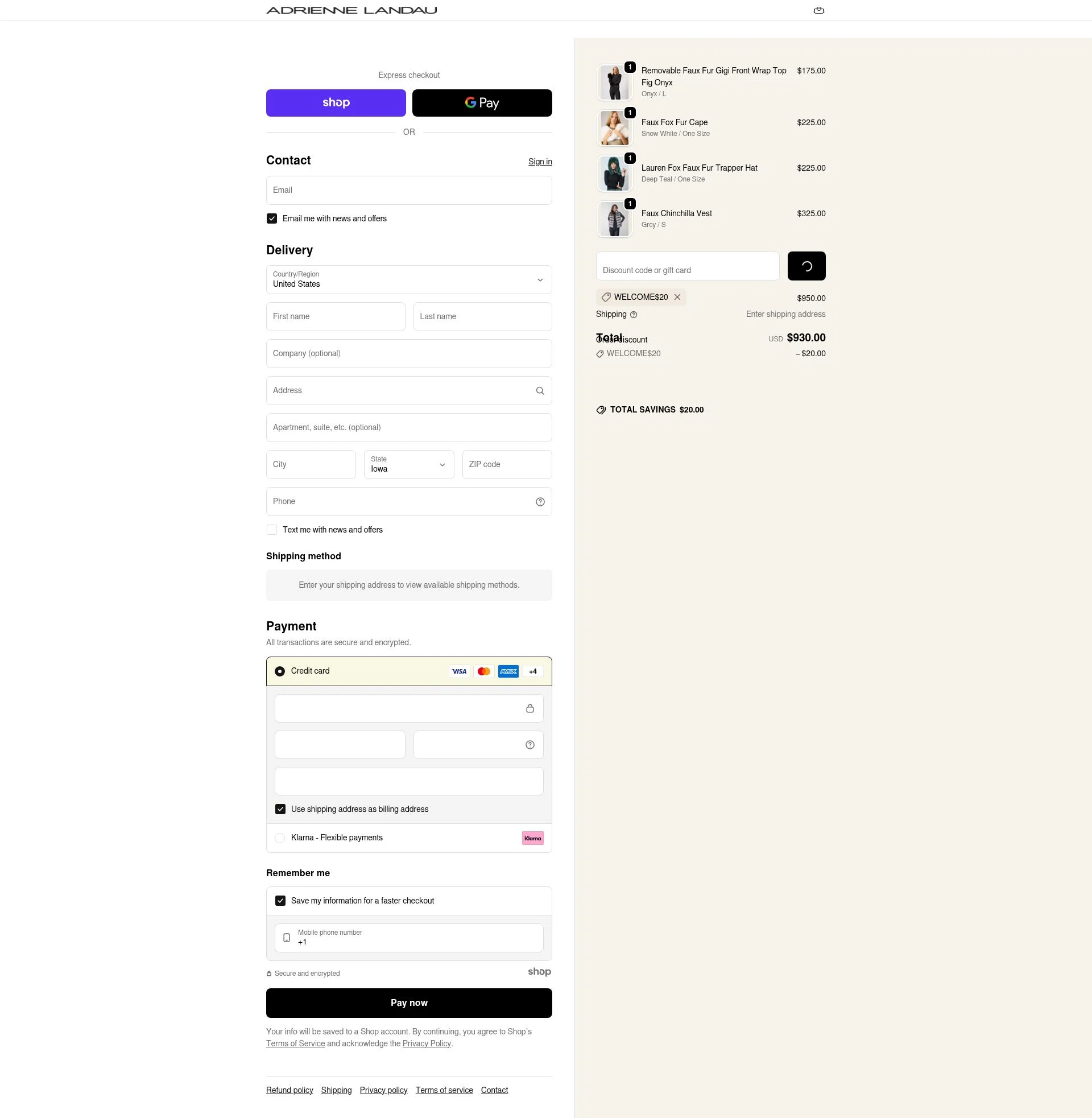 Adrienne Landau checkout page showing Adrienne Landau promo code box | Screenshot taken by SimplyCodes community member on Dec 20, 2025