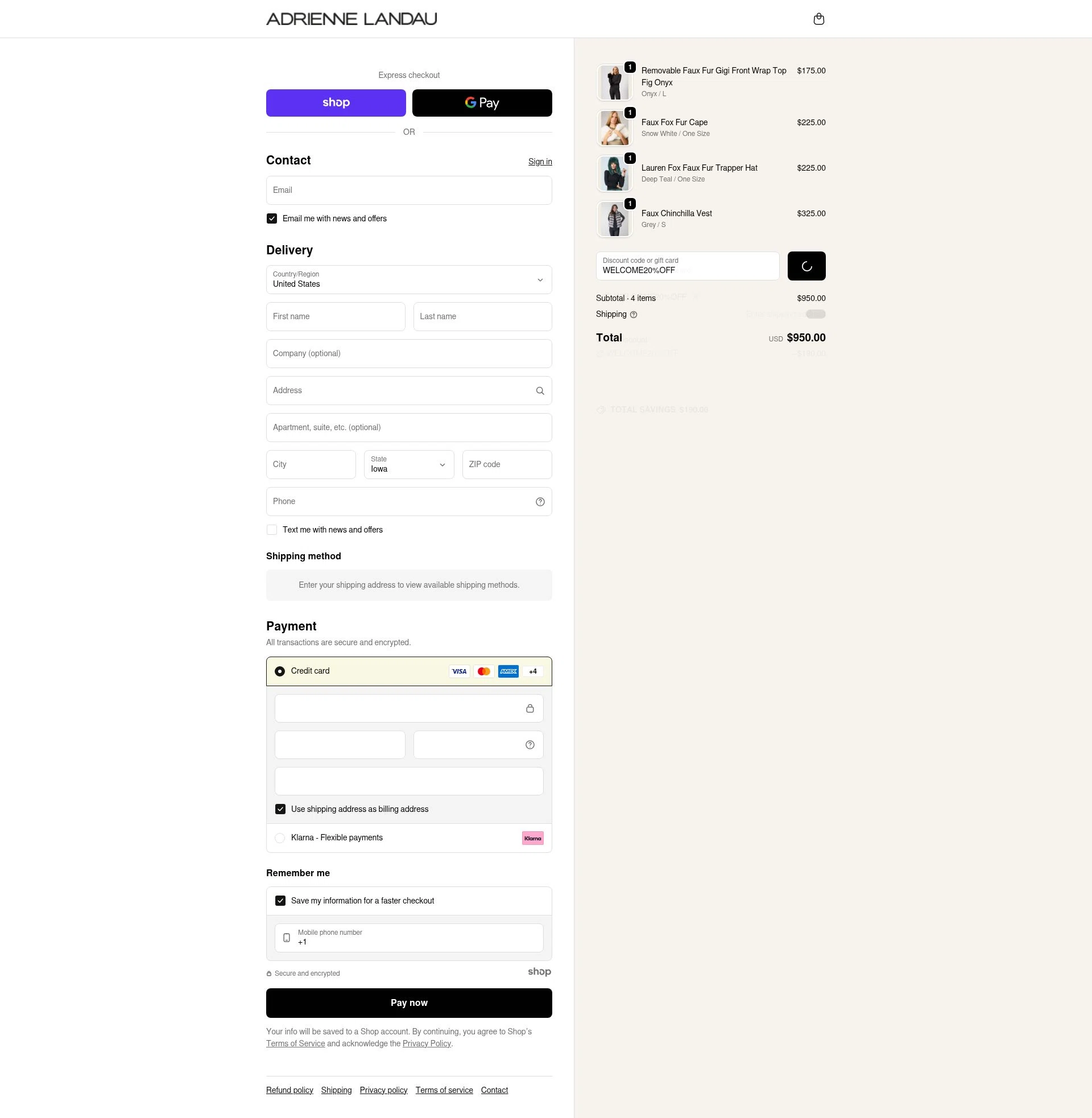Adrienne Landau checkout page showing Adrienne Landau promo code box | Screenshot taken by SimplyCodes community member on Dec 20, 2025