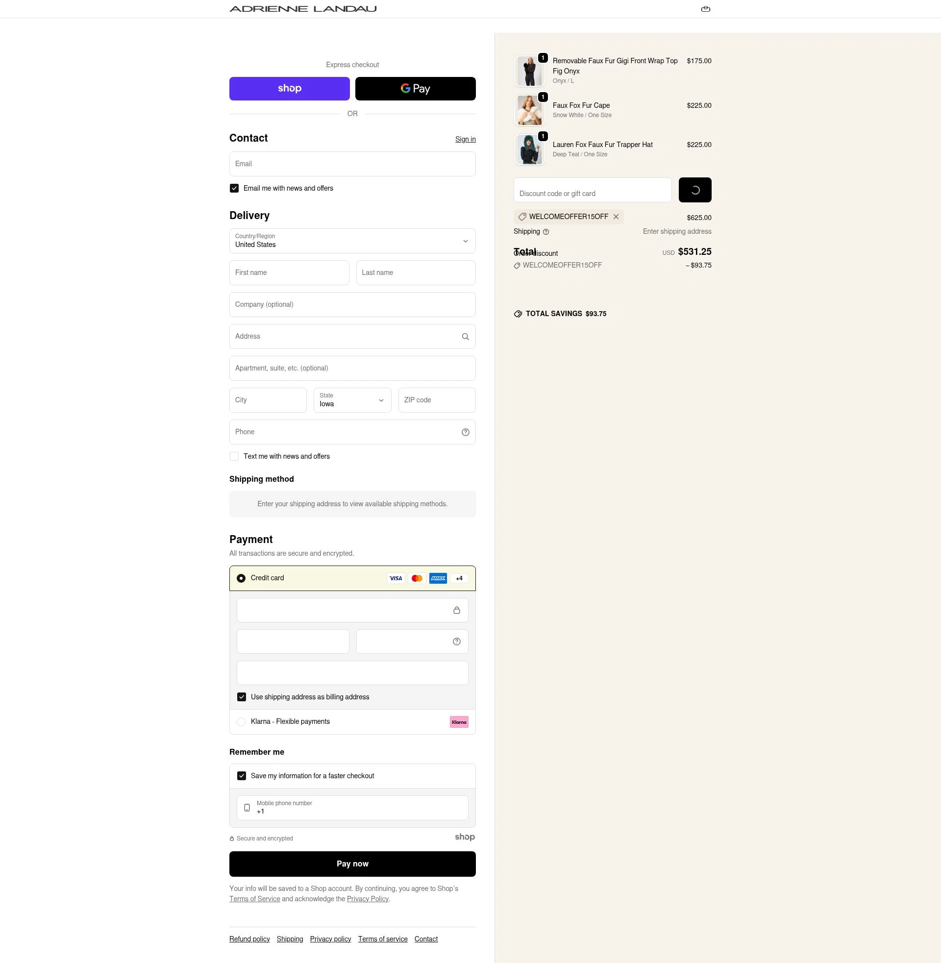 Adrienne Landau checkout page showing Adrienne Landau promo code box | Screenshot taken by SimplyCodes community member on Dec 25, 2025