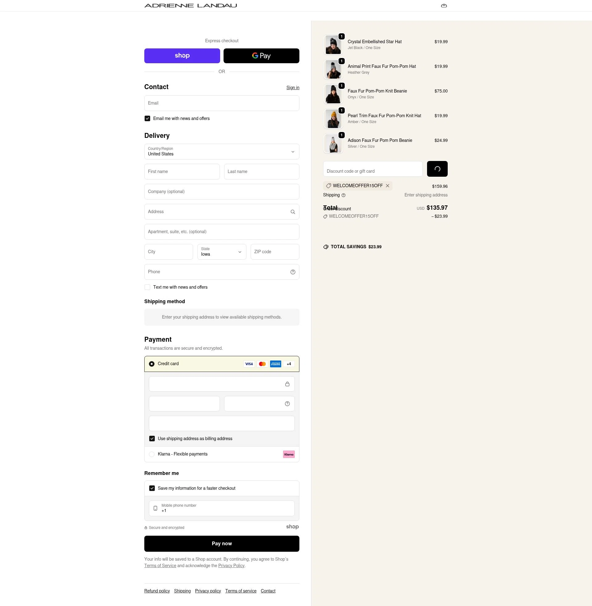 Adrienne Landau checkout page showing Adrienne Landau promo code box | Screenshot taken by SimplyCodes community member on Dec 30, 2025