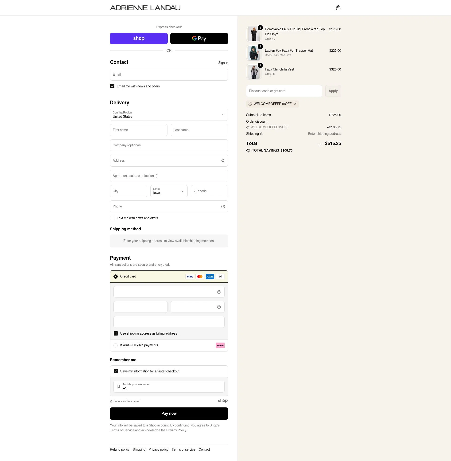 Adrienne Landau checkout page showing Adrienne Landau promo code box | Screenshot taken by SimplyCodes community member on Dec 13, 2025