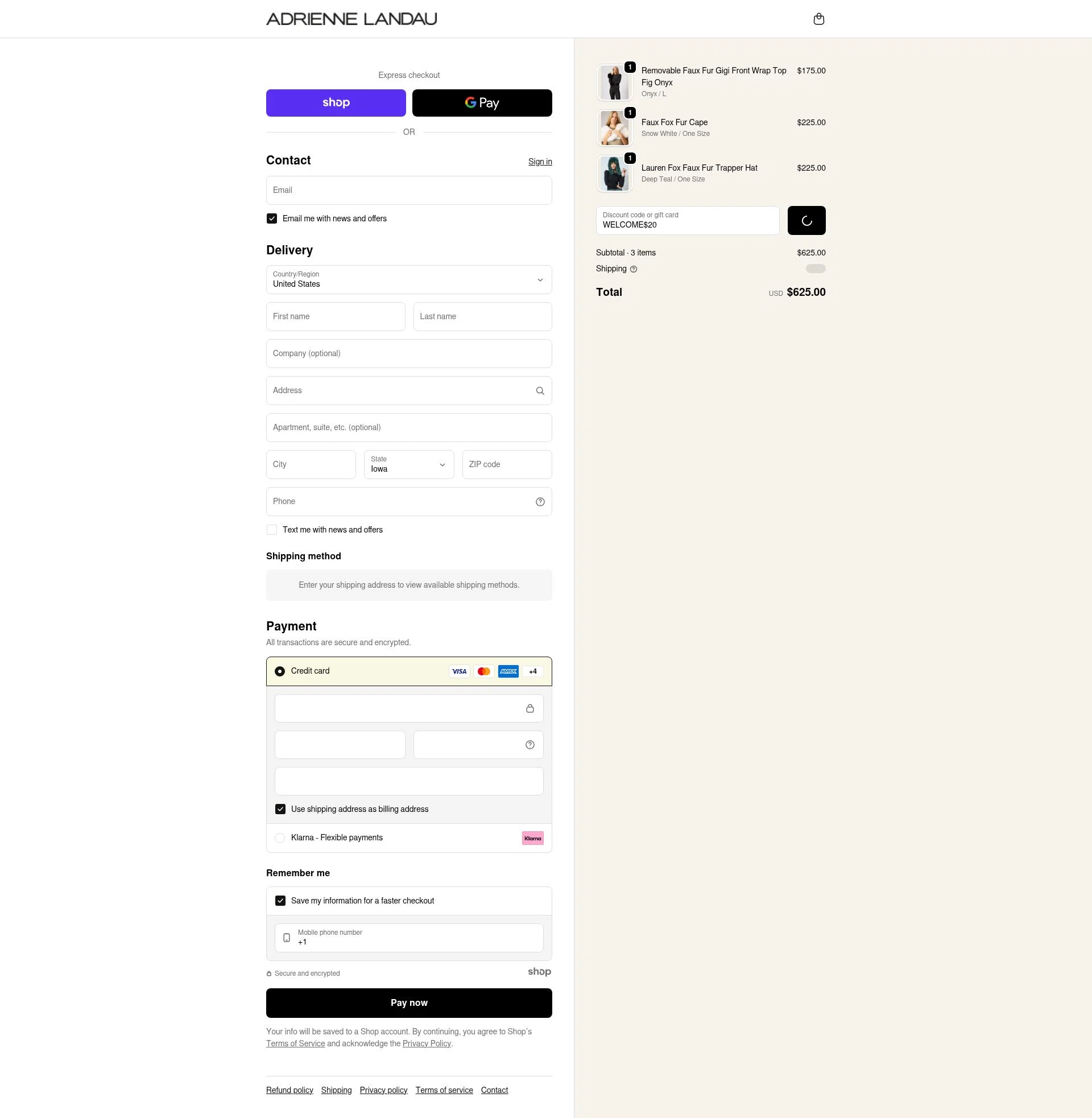 Adrienne Landau checkout page showing Adrienne Landau promo code box | Screenshot taken by SimplyCodes community member on Dec 25, 2025