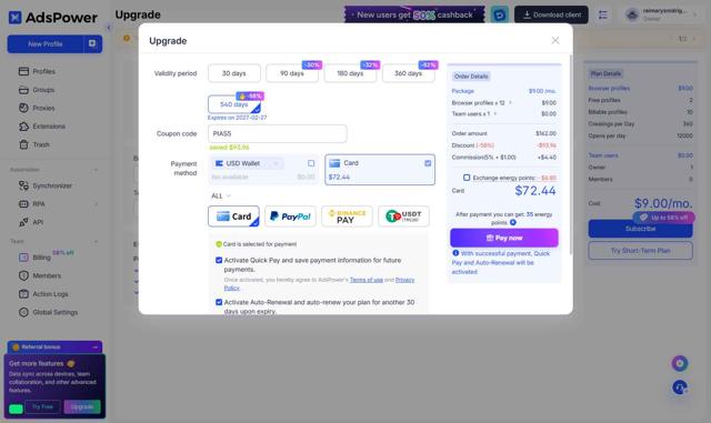 Adspower checkout page showing Adspower coupon code box | Screenshot taken by SimplyCodes community member on Sep 5, 2025