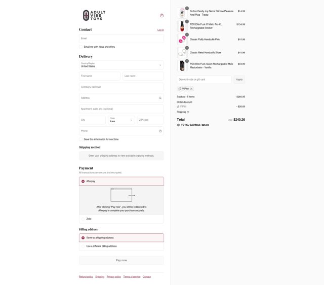 Adult Vibe Toys checkout page showing Adult Vibe Toys discount code box | Screenshot taken by SimplyCodes community member on Sep 4, 2025