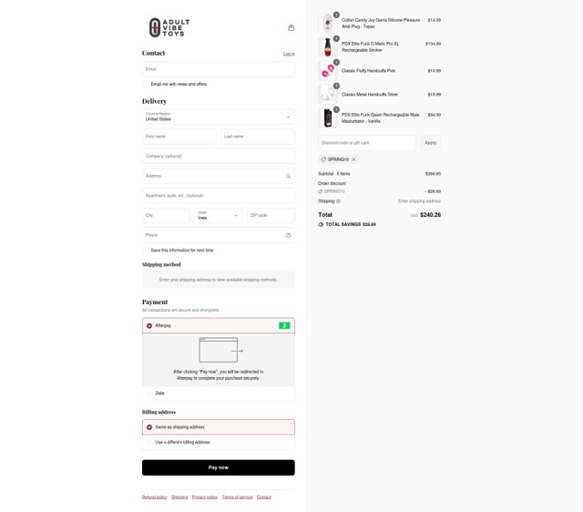 Adult Vibe Toys checkout page showing Adult Vibe Toys discount code box | Screenshot taken by SimplyCodes community member on Sep 4, 2025