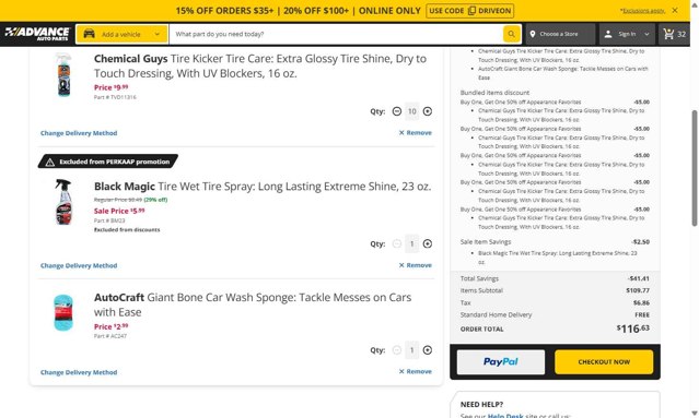 Advance Auto Parts checkout page showing Advance Auto Parts promo code box | Screenshot taken by SimplyCodes community member on Aug 22, 2025