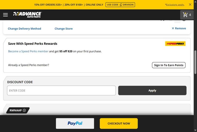 Advance Auto Parts checkout page showing Advance Auto Parts promo code box | Screenshot taken by SimplyCodes community member on Aug 22, 2025