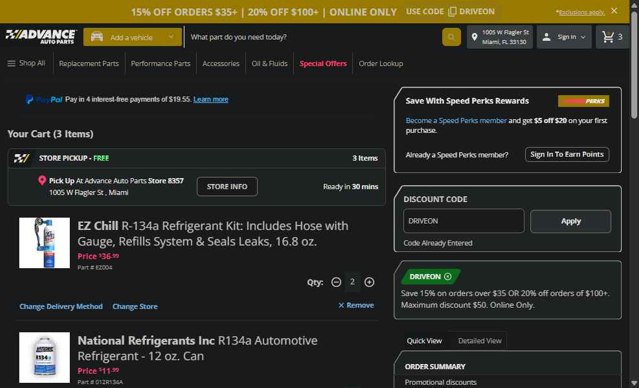 Advance Auto Parts checkout page showing Advance Auto Parts promo code box | Screenshot taken by SimplyCodes community member on Aug 24, 2025