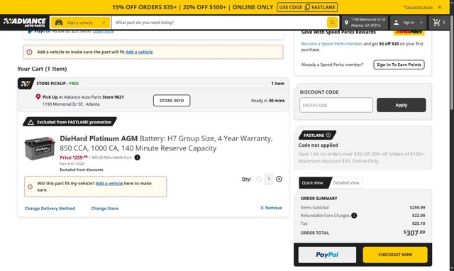 Advance Auto Parts checkout page showing Advance Auto Parts promo code box | Screenshot taken by SimplyCodes community member on Aug 29, 2025